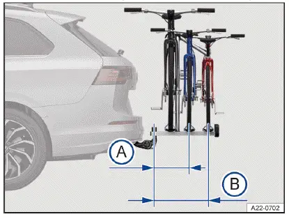 Fig. 2 General example of the maximum overhang on one bicycle rack for two or three bicycles.